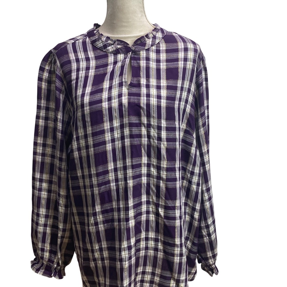 NWT D & Co Plaid Blouse‎ Ruffle Neck Long Sleeve Keyhole Top Purple Gold 1X